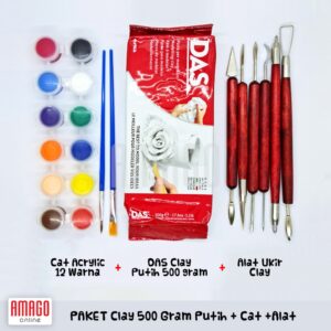 PAKET lengkap DAS Clay 500 gram Putih + 6 bh Alat ukir + Cat Acrylic 12 warna + 2 bh Kuas
