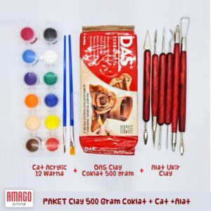 PAKET lengkap DAS Clay 500gram COKLAT/TERRACOTTA + 6 bh Alat ukir + Cat Acrylic 12 warna + 2 bh Kuas