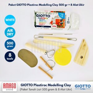 Paket Murah - 1 GIOTTO Plastiroc Modelling Clay 500 gr Putih + 8 bh POTTERY Clay Tools Set + Cat